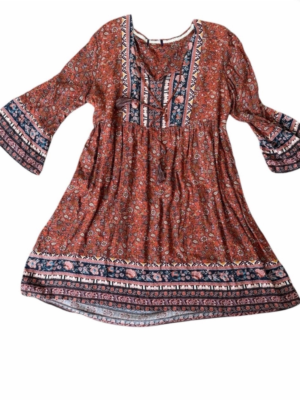 Boho Rust Floral Peasant Dress with Border Print